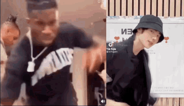 a man wearing a black hat is dancing next to a man wearing a black shirt .