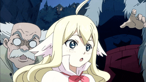 a girl with a surprised look on her face is surrounded by two men