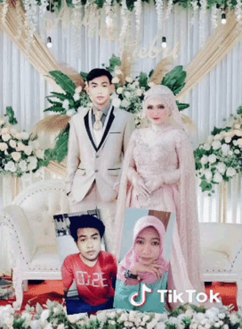 a bride and groom posing for a picture with a tiktok logo