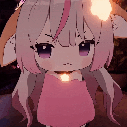a cartoon character with white hair and purple eyes is wearing a pink shirt with a star necklace around her neck
