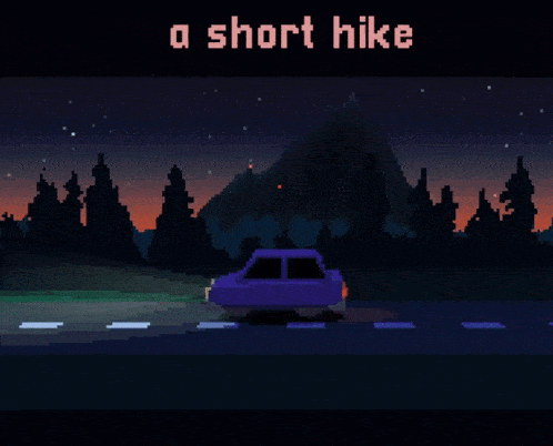 a pixel art of a car driving down a road at night with the words a short hike above it