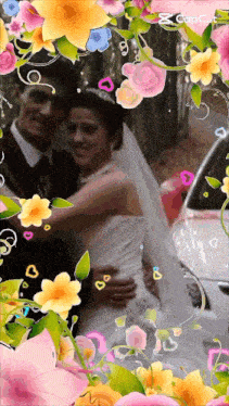 a picture of a bride and groom is surrounded by flowers with the caption cap cut