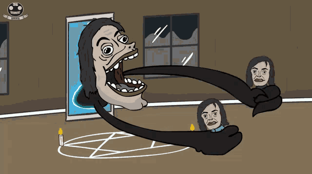 a cartoon of a man with a long neck and a candle in front of him