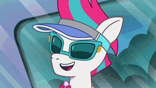 a pony wearing sunglasses and a hat is smiling
