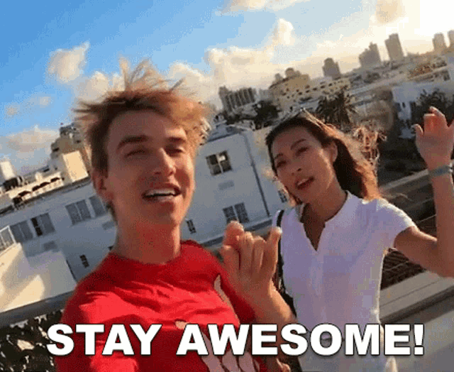a man and a woman are standing next to each other with the words " stay awesome " on the bottom