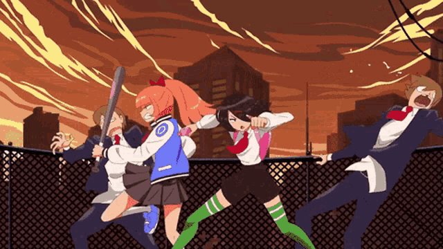 a group of anime characters are fighting over a fence and one girl is holding a bat