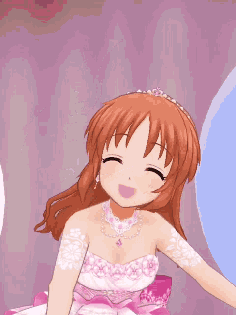 a cartoon girl in a pink dress is smiling and holding a blue balloon