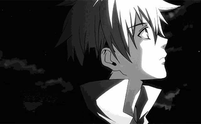a black and white drawing of a boy with a blue eye