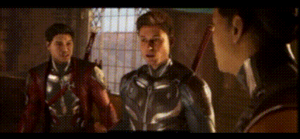 a man and a woman are standing next to each other in a room in a video game .