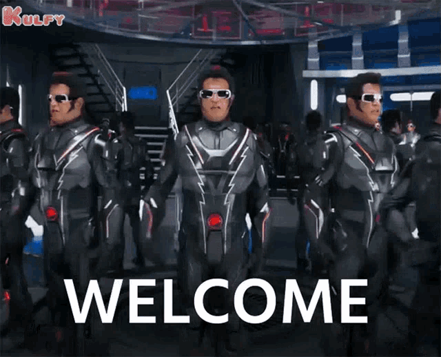a group of men in superhero costumes are standing in front of a sign that says " welcome "