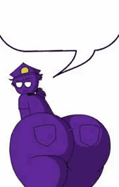 a purple cartoon character with a big butt and a speech bubble above him .