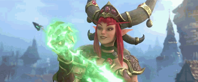 a woman with red hair and horns is holding a green object in her hand .