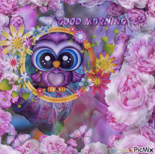 a picture of a purple owl surrounded by pink flowers with the words good morning