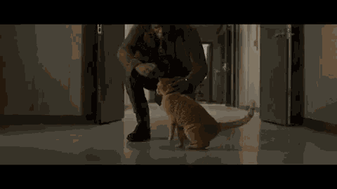 a man is petting a cat in a hallway in a movie .