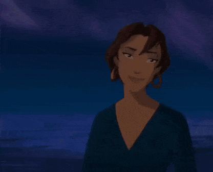 a cartoon woman in a blue shirt is smiling in front of a dark blue sky