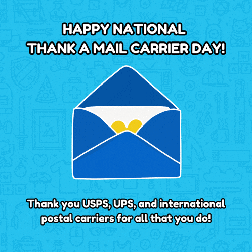 happy national thank a mail carrier day greeting card with an envelope with a heart on it
