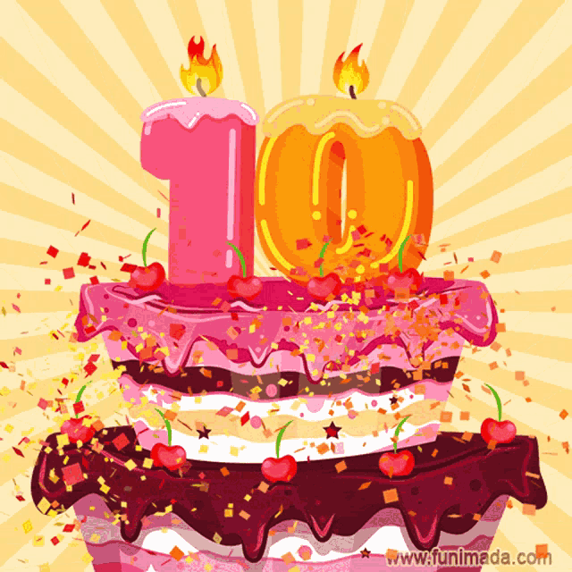 a birthday cake with a number 10 candle on top