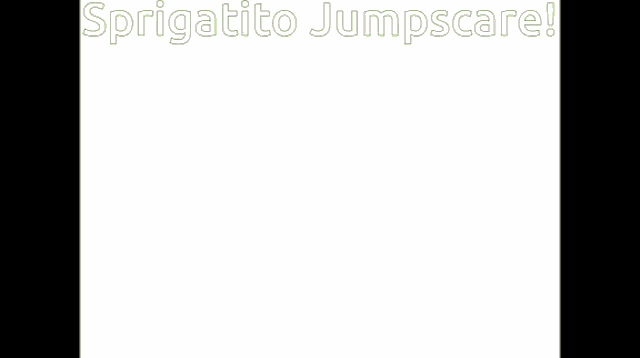 a cartoon drawing of a green cat with pink eyes and the words sprigatito jumpscare below it