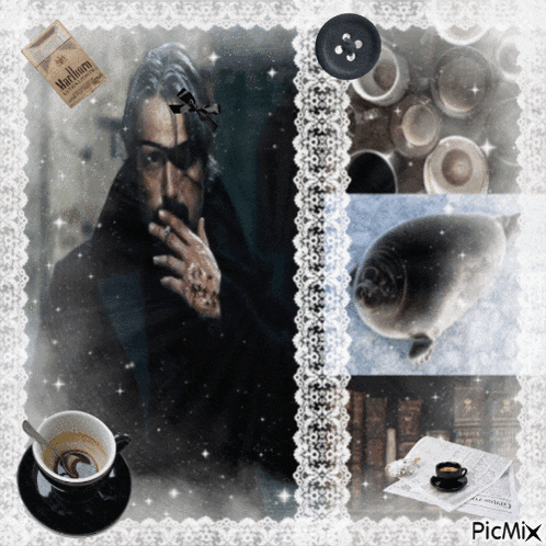 a picture of a man smoking a pack of marlboro cigarettes next to a cup of coffee