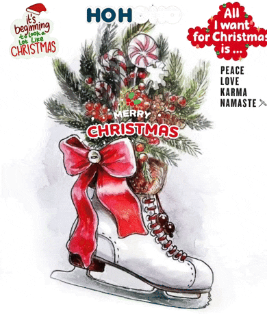 a christmas greeting card with a ice skate with candy canes on it