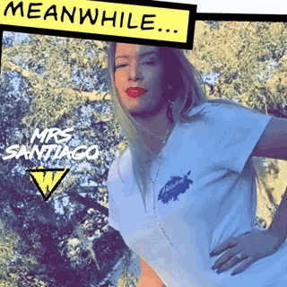 a woman wearing a white shirt that says mrs. santiago