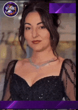 a woman wearing a black dress and a necklace with the word bomc on the bottom right