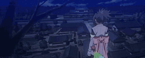 a cartoon character is standing on top of a roof looking at a city at night .