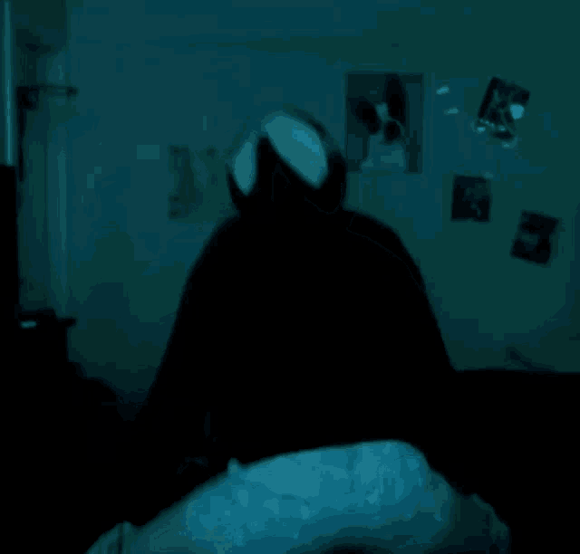 a person in a dark room with a picture of a dog on the wall behind them