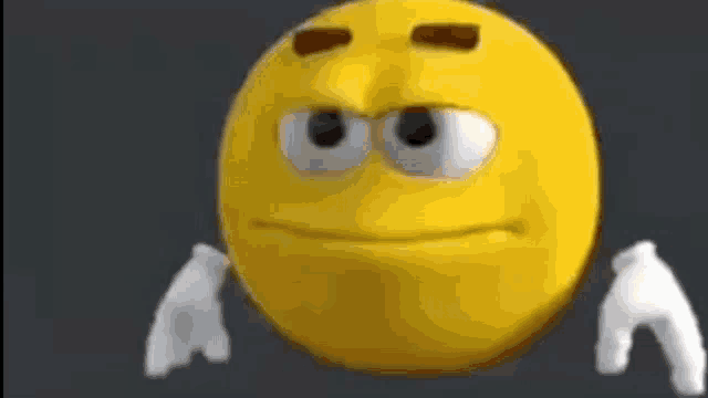 a close up of a yellow smiley face with white gloves on .