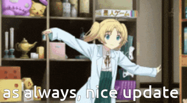 a girl in a lab coat is dancing with the words as always nice update