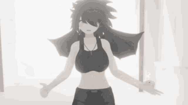 a 3d anime girl with wings is standing with her arms outstretched