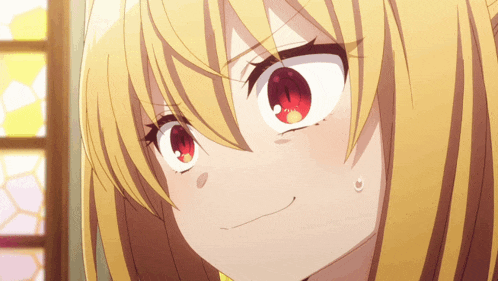 a girl with blonde hair and red eyes is making a face