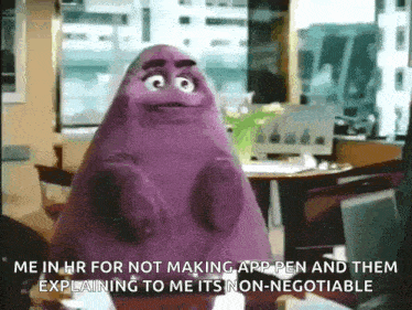 a purple cartoon character is standing in front of a table and chairs and says me in hr