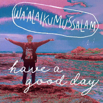 a man with his arms outstretched stands in front of the ocean with the words wa ' alaikummusalam have a good day below him