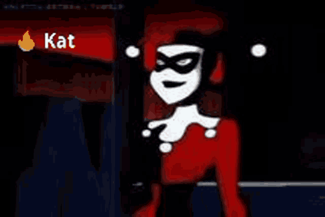harley quinn from the batman animated series is standing in a dark room with a red background .