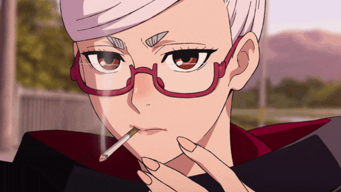a woman wearing glasses smoking a cigarette with smoke coming out of her mouth