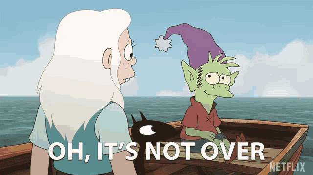 a cartoon character says " oh it 's not over " next to another character
