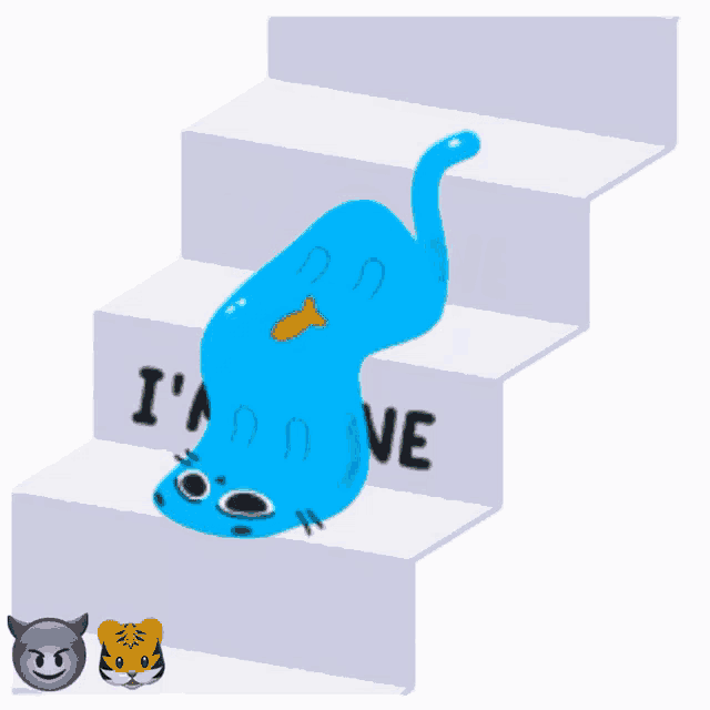 a blue worm is laying on a set of stairs with the words i 'm fine below it