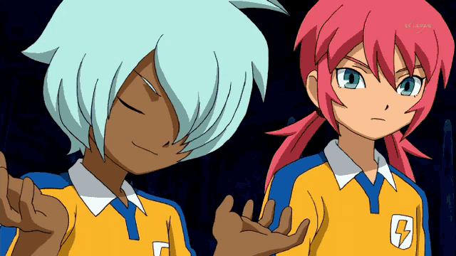 a couple of anime characters one of which has the letter g on their shirt