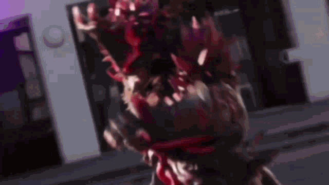 a person in a bloody costume is standing in front of a building with a purple light behind them .