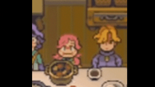 a girl with pink hair is sitting at a table in a video game with other characters .