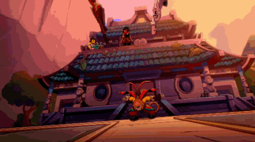 a cartoon of a monkey standing in front of a temple
