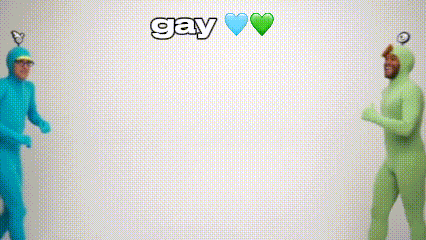 two men in blue and green costumes are dancing in front of a white background with the word gay above them