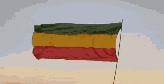 a red yellow and green flag is waving in the wind against a blue sky