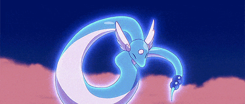 a blue and white pokemon with a long tail is flying through the air .