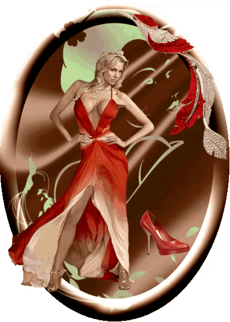 a woman in a red dress is surrounded by a red shoe