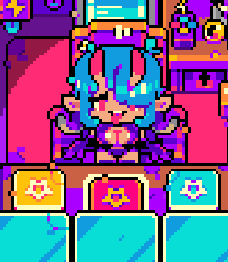a pixel art of a girl with blue hair and a star on her chest