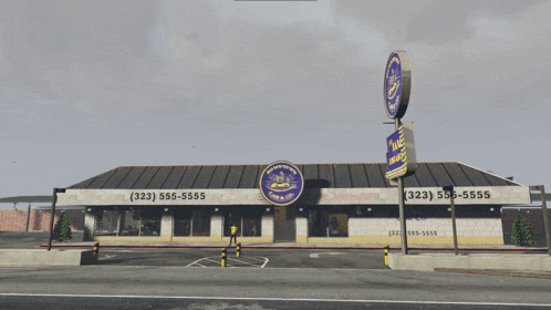 a video game screenshot of a restaurant with the phone number ( 323 ) 555-5555 on the front
