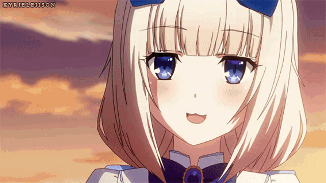 a close up of a blonde anime girl with blue eyes and the name kyrieleinson