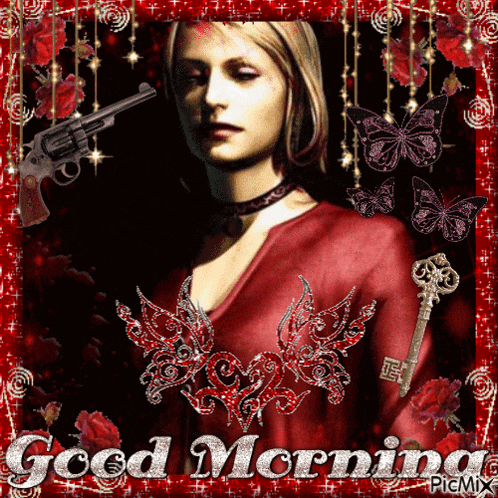 a picture of a woman with a gun and a key says good morning